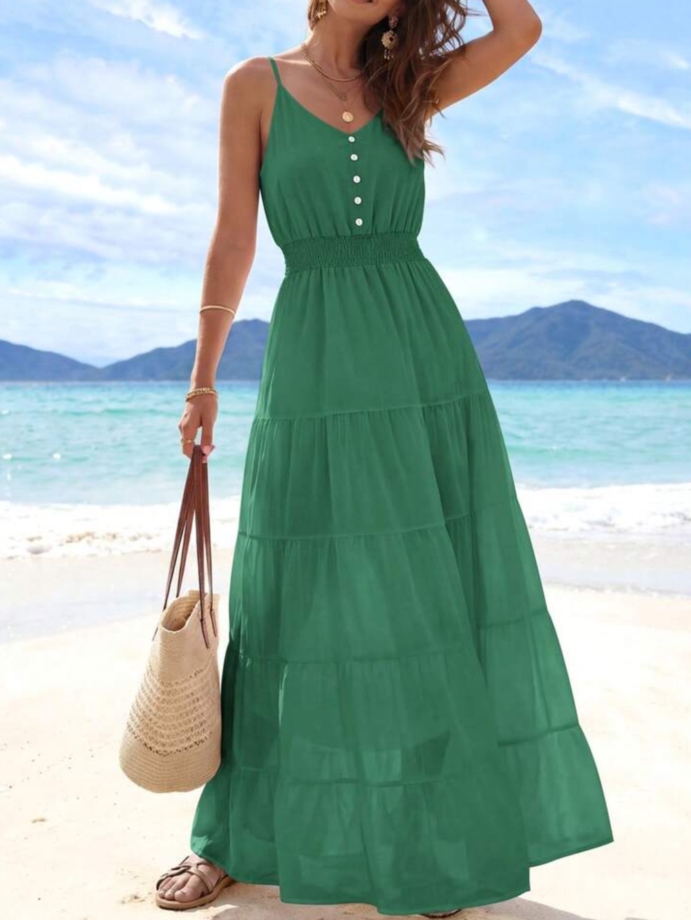 Sleeveless Green Maxi Dress with Smocked Waist